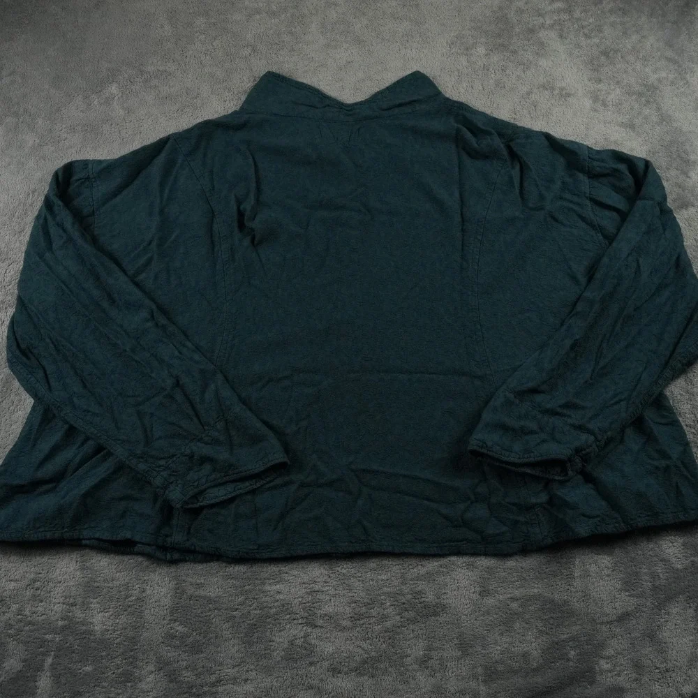 FLAX Button Up Top Womens L Green Rayon Blend Boxy Snap Front‎ Lagenlook Funnel